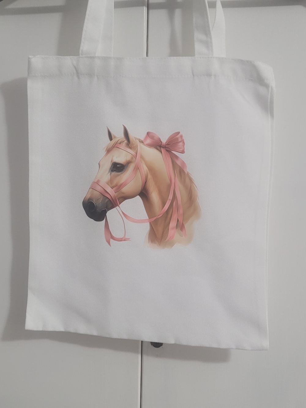 White Tote Bag with Pink Ribbon Horse Print Canvas New